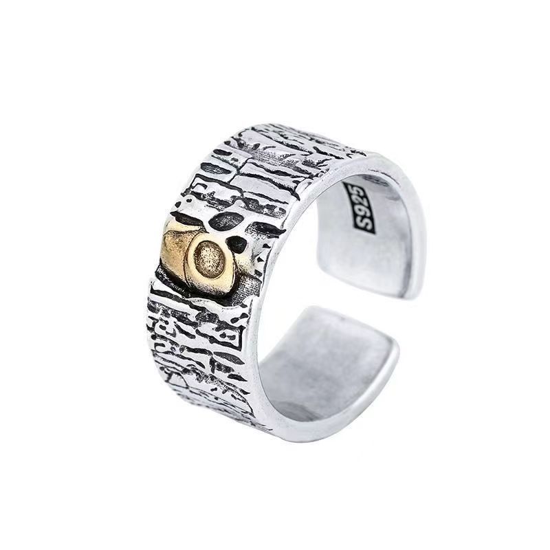 【Hottest Trends】Vintage Gold Skull Ring Men's Personalized Hip-Hop Single Ring Thai Silver Tree Pattern Open Alloy Ring. 