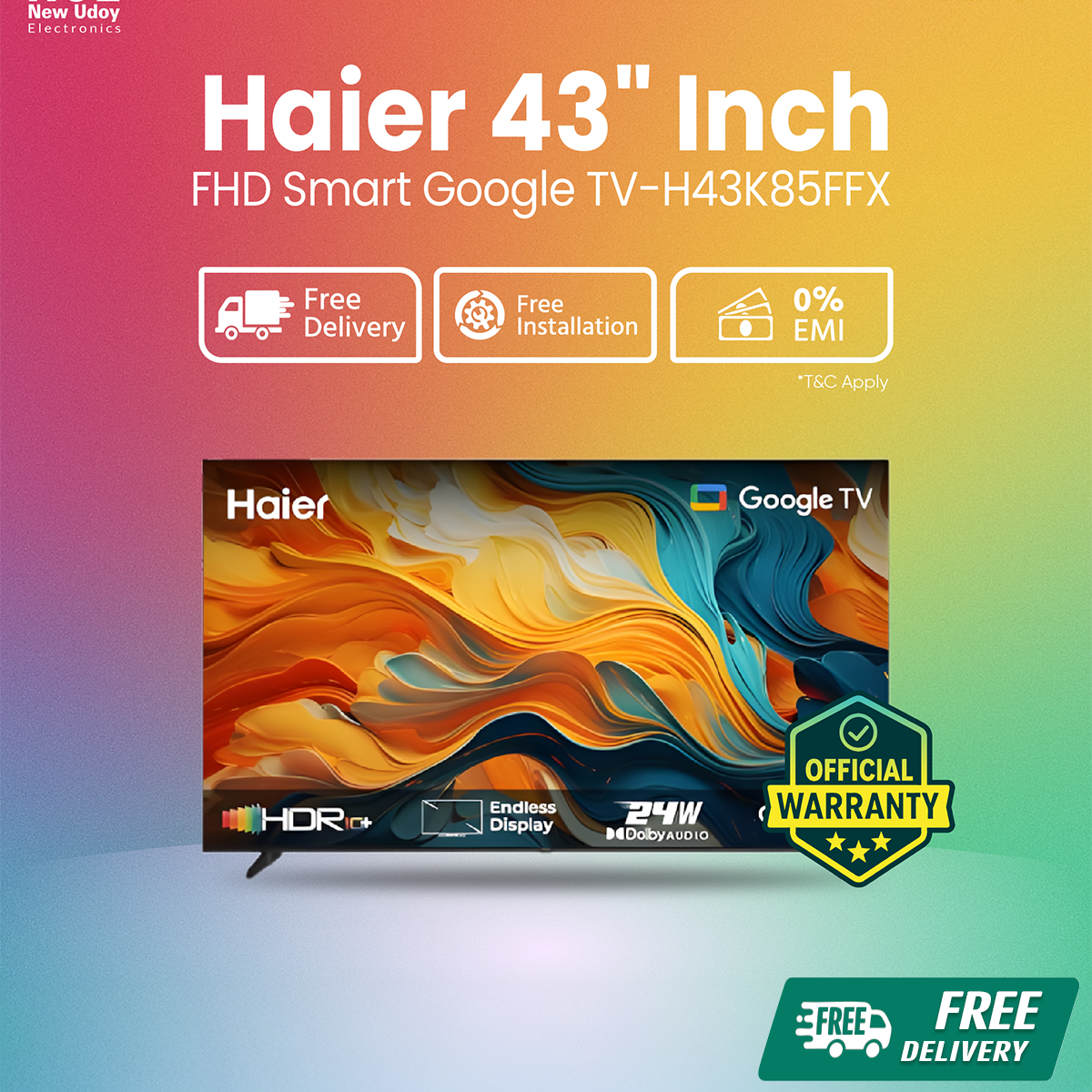 Haier 43 Inch FHD Bezel Less Google TV (H43K85FFX) With Free Delivery.