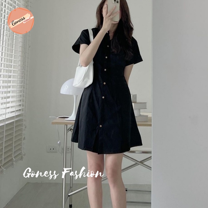 Váy đầm nữ Goness đẹp tay ngắn cổ sơmi dáng suông basic chất vải thô kaki cúc cài lưng chun chiết eo nhiều màu