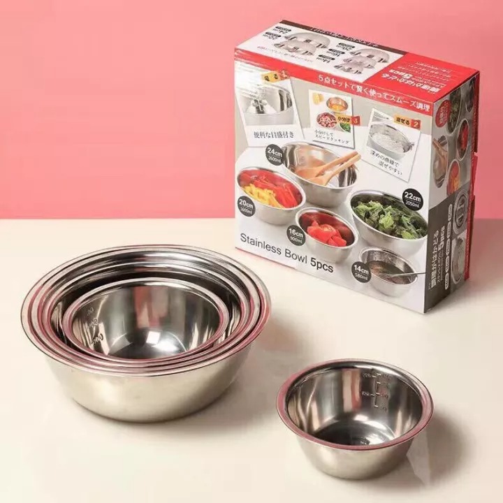 Bộ thau inox 5 món cao cấp đa năng (Size 14-16-20-22-24cm)