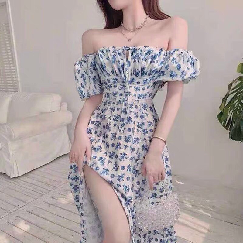 Đầm maxi, đầm hoa nhí xẻ tà, đầm tay phồng, đầm cổ vuông, đầm maxi hoa nhí xẻ tà, maxi đi biển