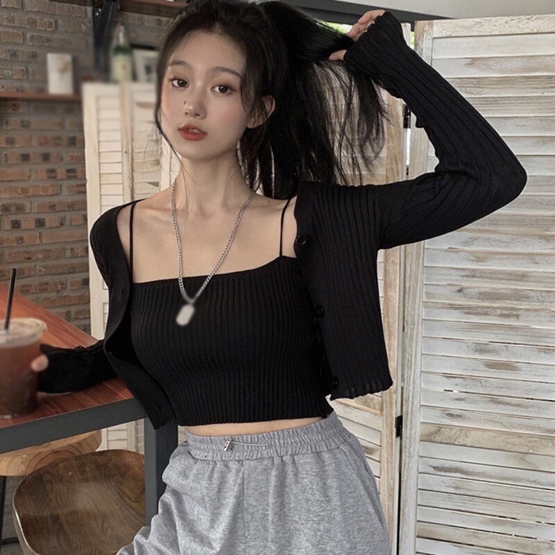 Set áo khoác Gân mỏng Cardigan kèm áo 2 dây,Set Áo Hai Dây + Áo Khoác Cardigan Màu Trơn Thời Trang hot lắm ạ