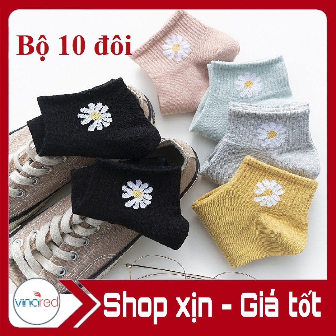Bộ 10 Đôi Tất Vớ Hoa Cúc Nhiều màu Siêu Thoáng Mát kèm túi rút xinh xắn