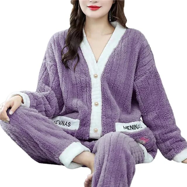 Autumn Winter Pajamas Set 2023 New Women Strawberry Pyjamas Sets Thick  Coral Flannel Girl Warm Lounge Sleepwear Pajama Sets qpox