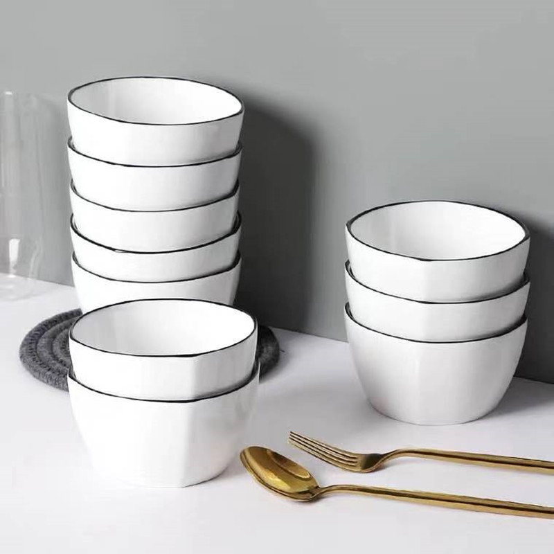 Chén sứ trắng viền đen cao cấp, chén ăn cơm , chén sứ cao cấp, chén trắng đơn giản.