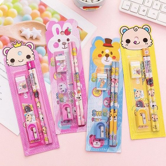 Bộ combo học tập xinh xắn (2 Bút chì, 1 gôm, 1 thuớc, 1 đồ chuốt)