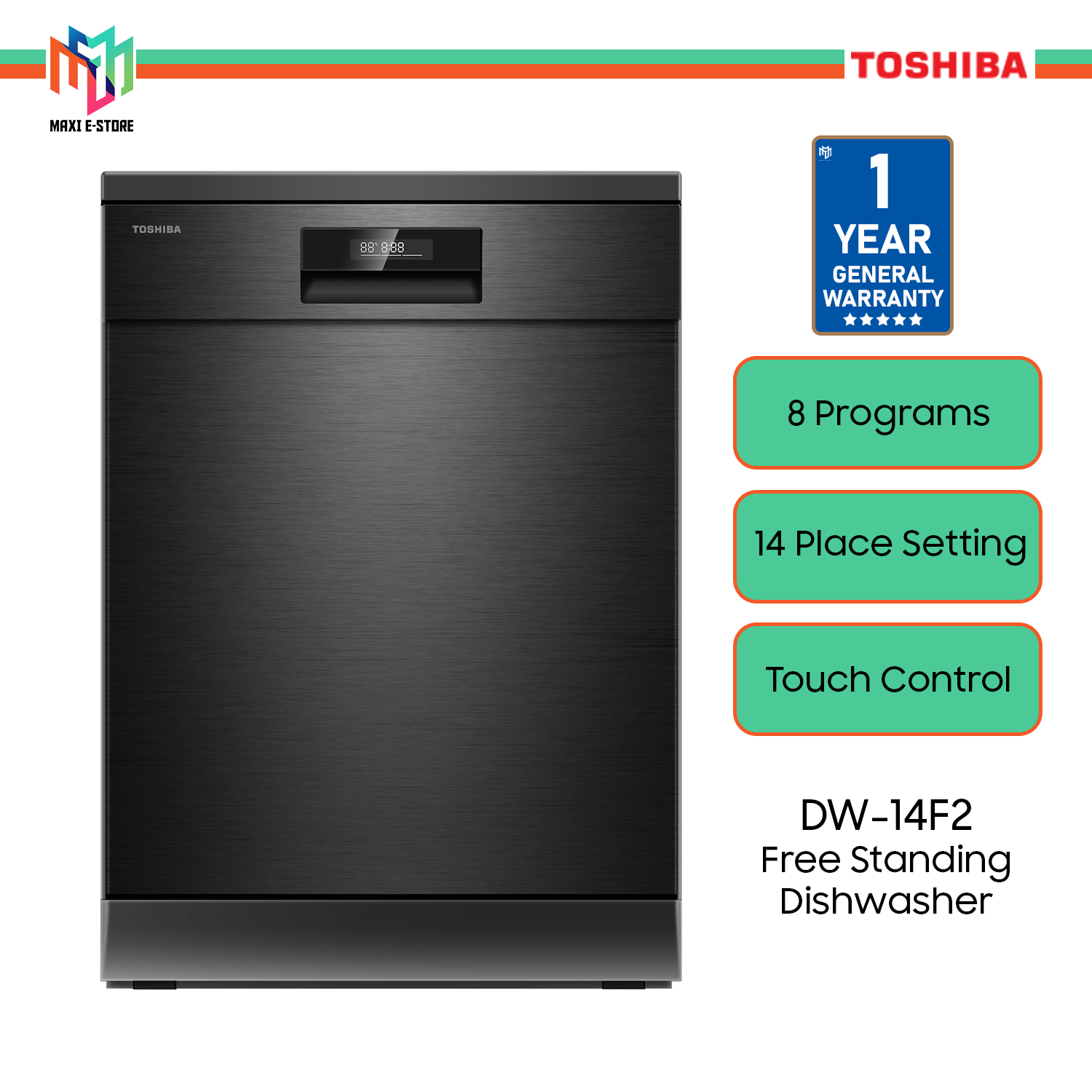 Toshiba DW14F2(BS)MY Free Standing Dishwasher UVLED AntiBacterial