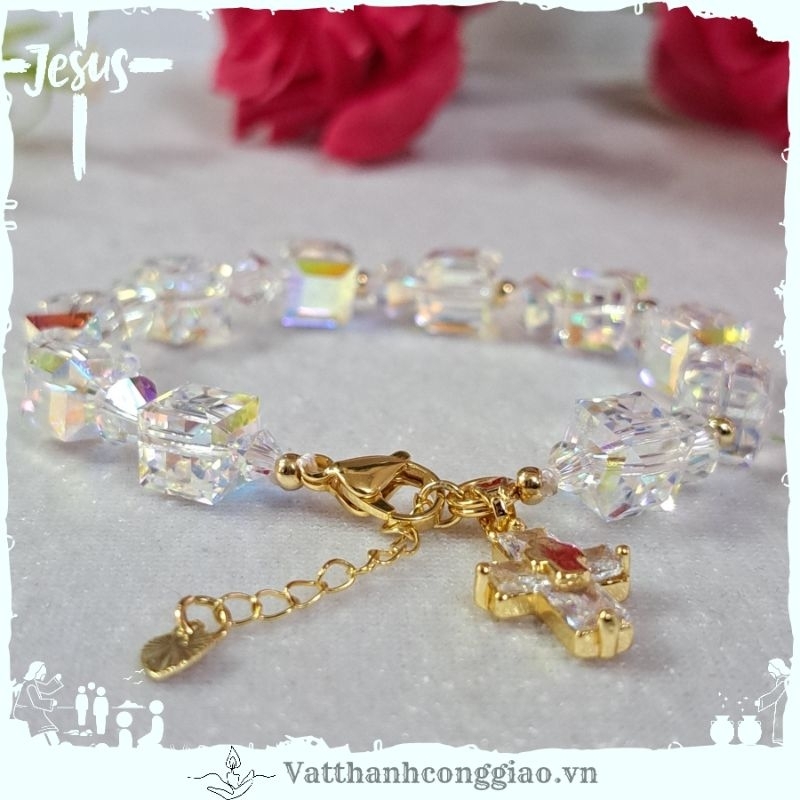 Vòng tay mân côi vật phẩm công giáo | mẫu phale vuông | thánh giá titan