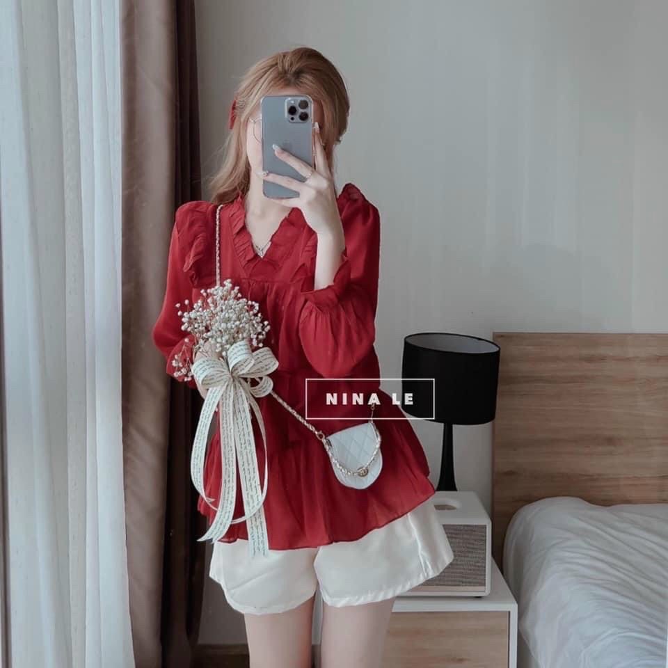 [Voucher 50k Freeship Max 0 đồng toàn quốc] Set tiểu thư quần đùi ngắn áo tay phồng cổ V áo bèo chất vải voan mát quần short nữ màu trắng kèm ảnh thật