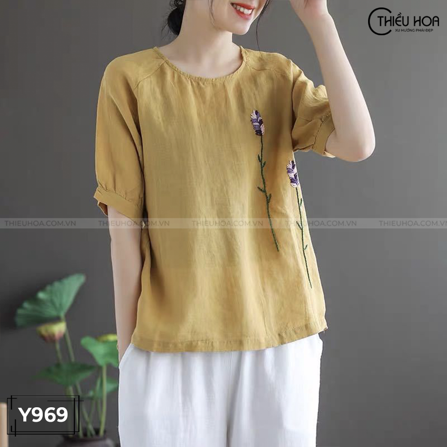 Áo kiểu nữ linen tay bồng thiều hoa y969