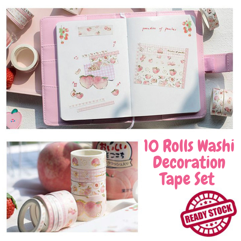 Peach Washi Tape Set 10 Rolls 2meters , Various Widths Pink Masking Tape