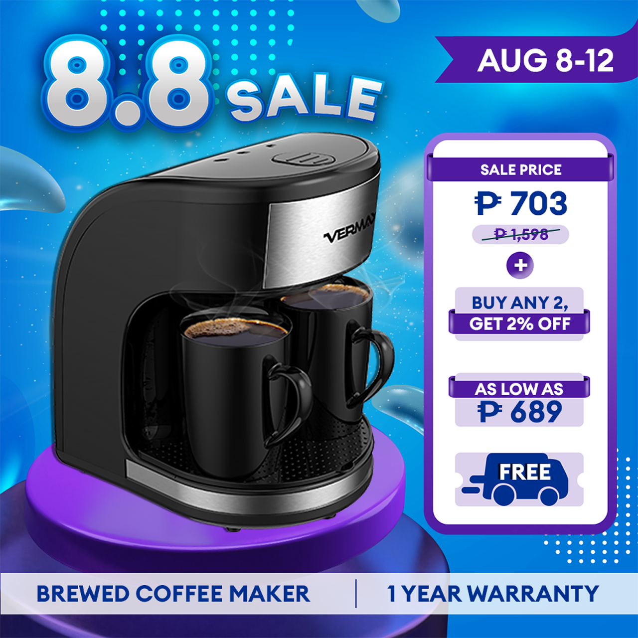 Vermax Coffee Maker 2 cup drip coffee maker Coffee machine Espresso