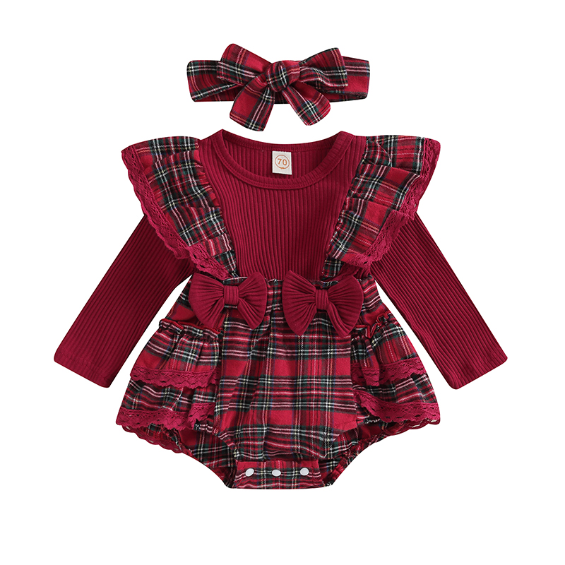 Baby Girls Rompers Christmas Clothes Plaid Patchwork Lace Trim Long Sleeve Toddler Bodysuits with Headband