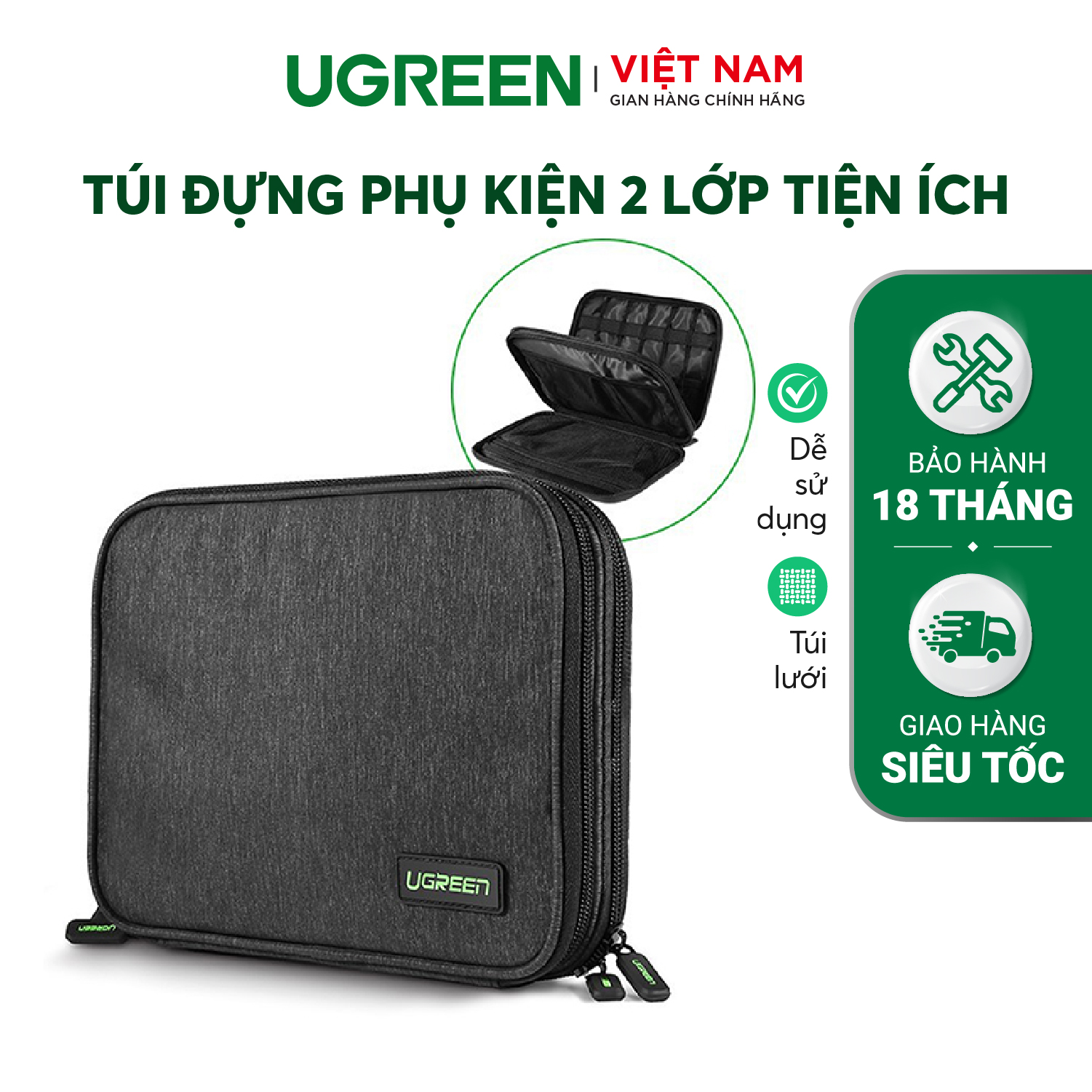 Túi 2 lớp tiện ích đựng phụ kiện UGREEN 50147 - Kích thước 24.5x17.5x5 cm Chống shock, chống trầy xước - Hàng phân phối chính hãng