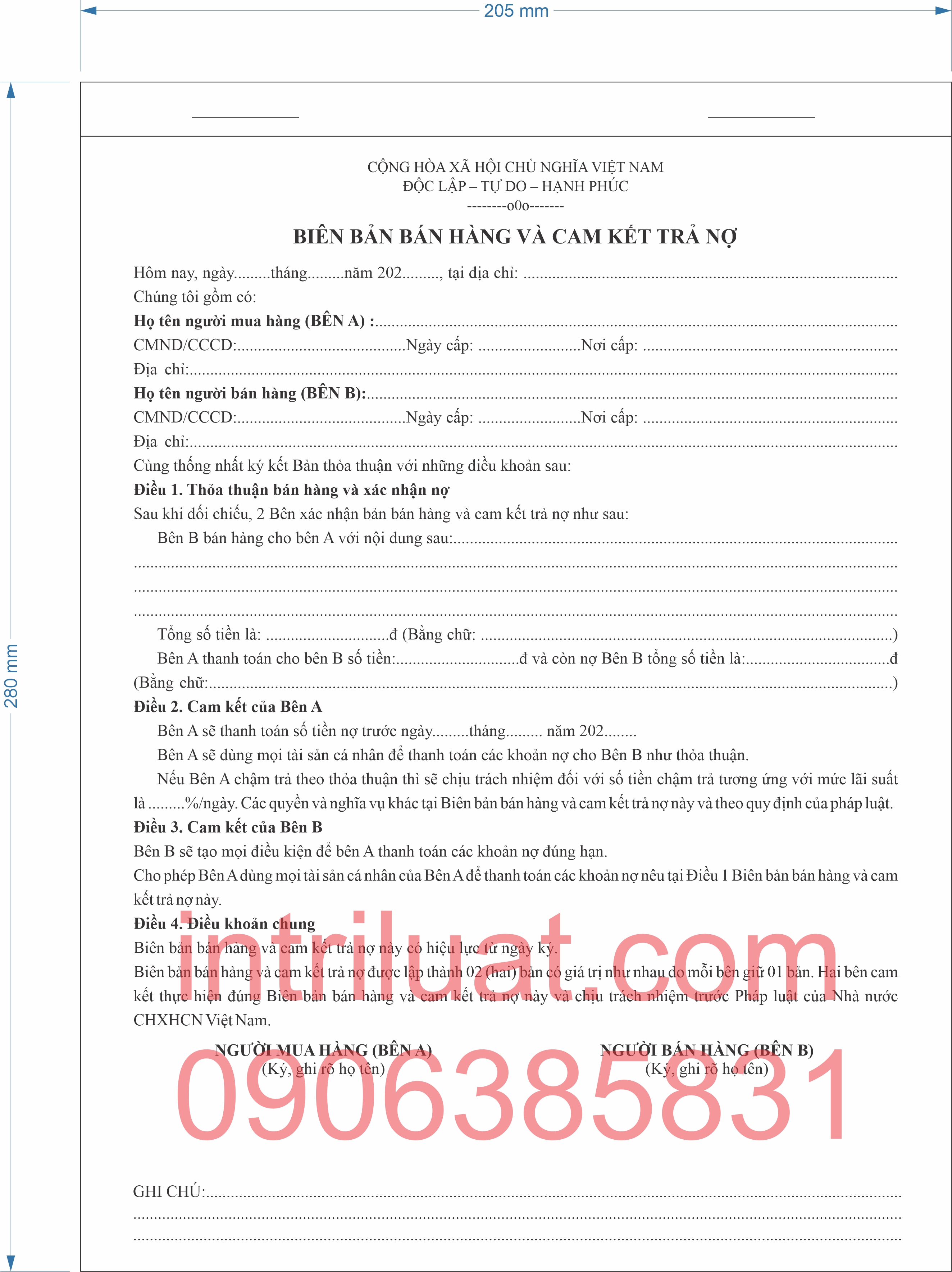 BIÊN BẢN BÁN HÀNG VÀ CAM KẾT TRẢ NỢ