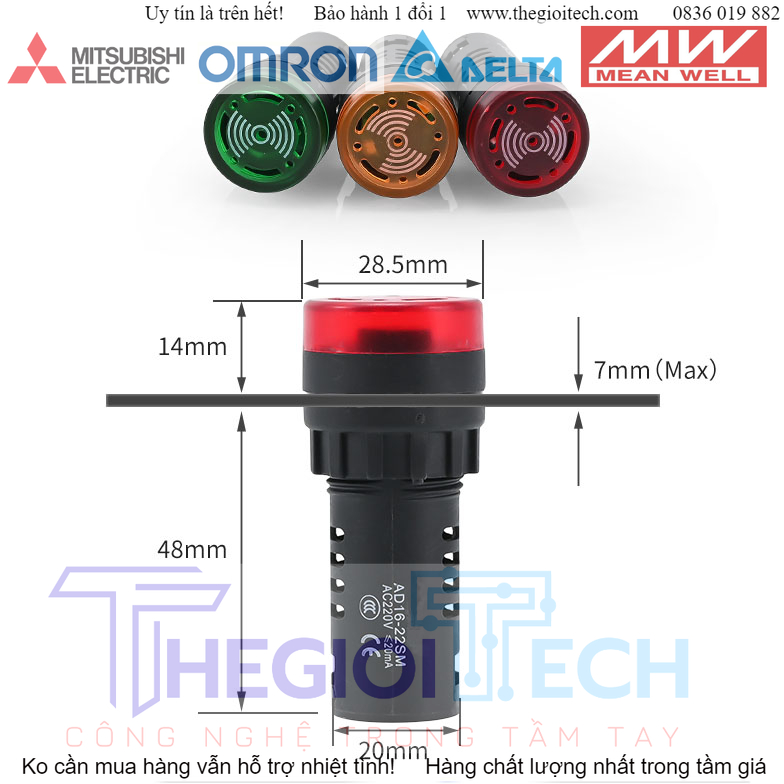 Đèn Báo Còi Phi 22mm AD16-22SM Đèn LED Có Còi 220V