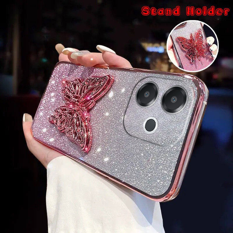 For OPPO A5 Pro Case with Cute Butterfly Stand Luxury Slim Gradient Clear Plating Glitter Girls for OPPO A5 Pro 5G Back Cover. 