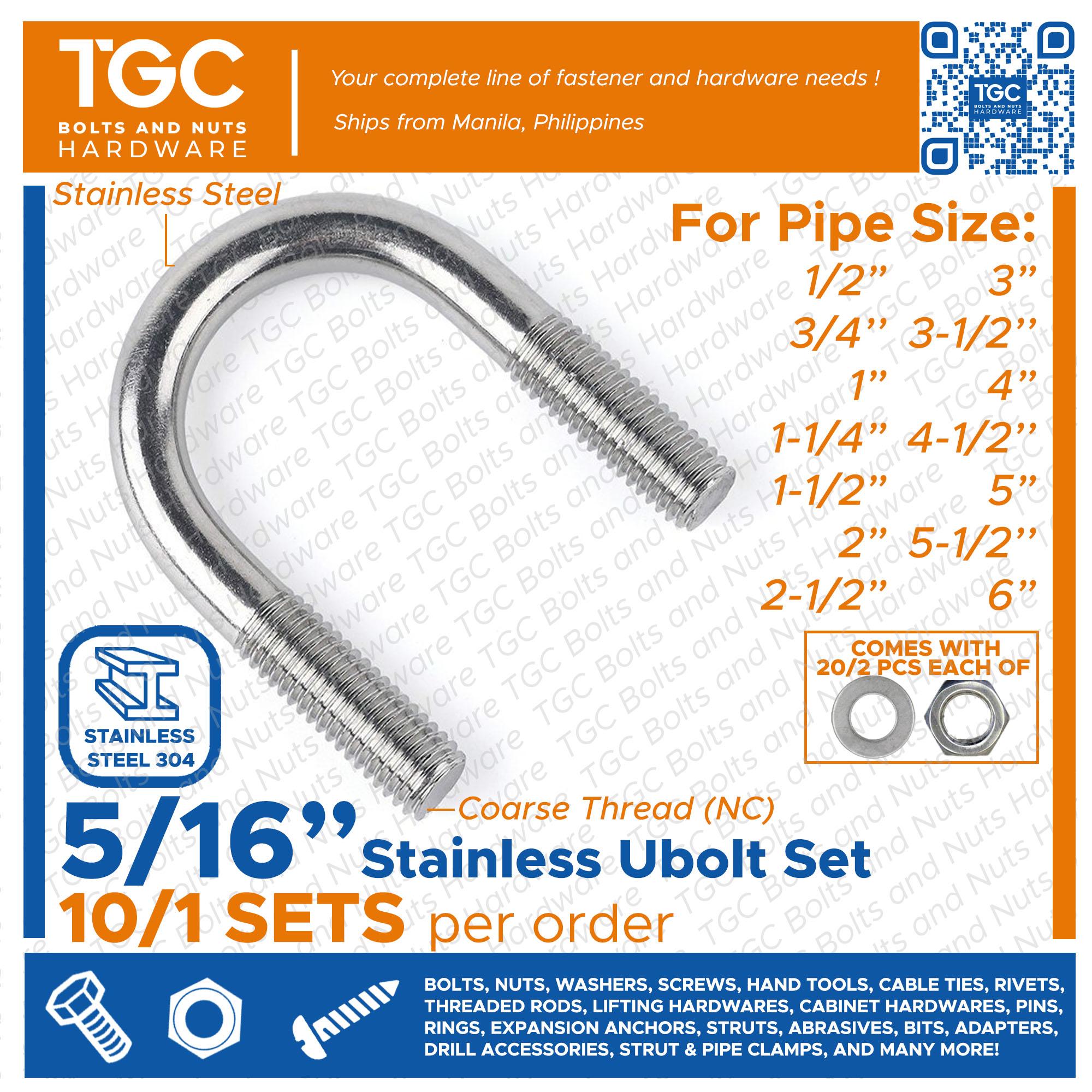 TGC 10/1PCS SS Ubolt 5/16 x 1/26 inches Stainless U Bolt SS304 U