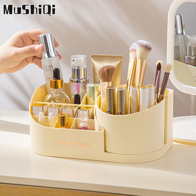 MUSHIQI [Miễn Phí Vận Chuyển]Kẹp giữ Bút chia, bàn trang điểm, kệ chăm sóc da, hộp trang điểm xoay, hộp lưu trữ mỹ phẩm để bàn, xô cọ trang điểm