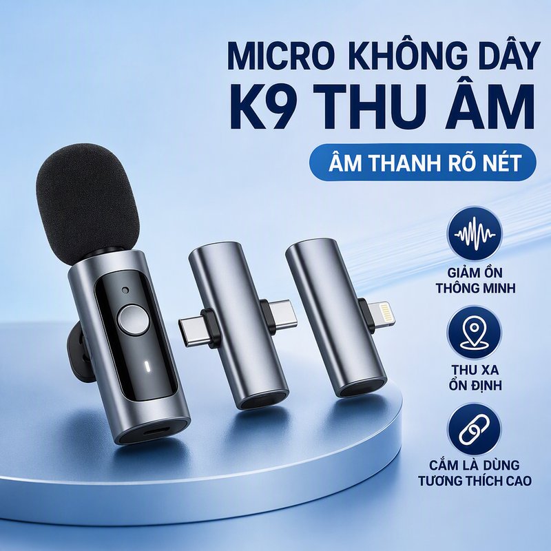 micro không dây cài áo k9 mic thu âm chống ồn phạm vi xa kết nối bluetooth pin sạc dùng điện thoại livestream quay video