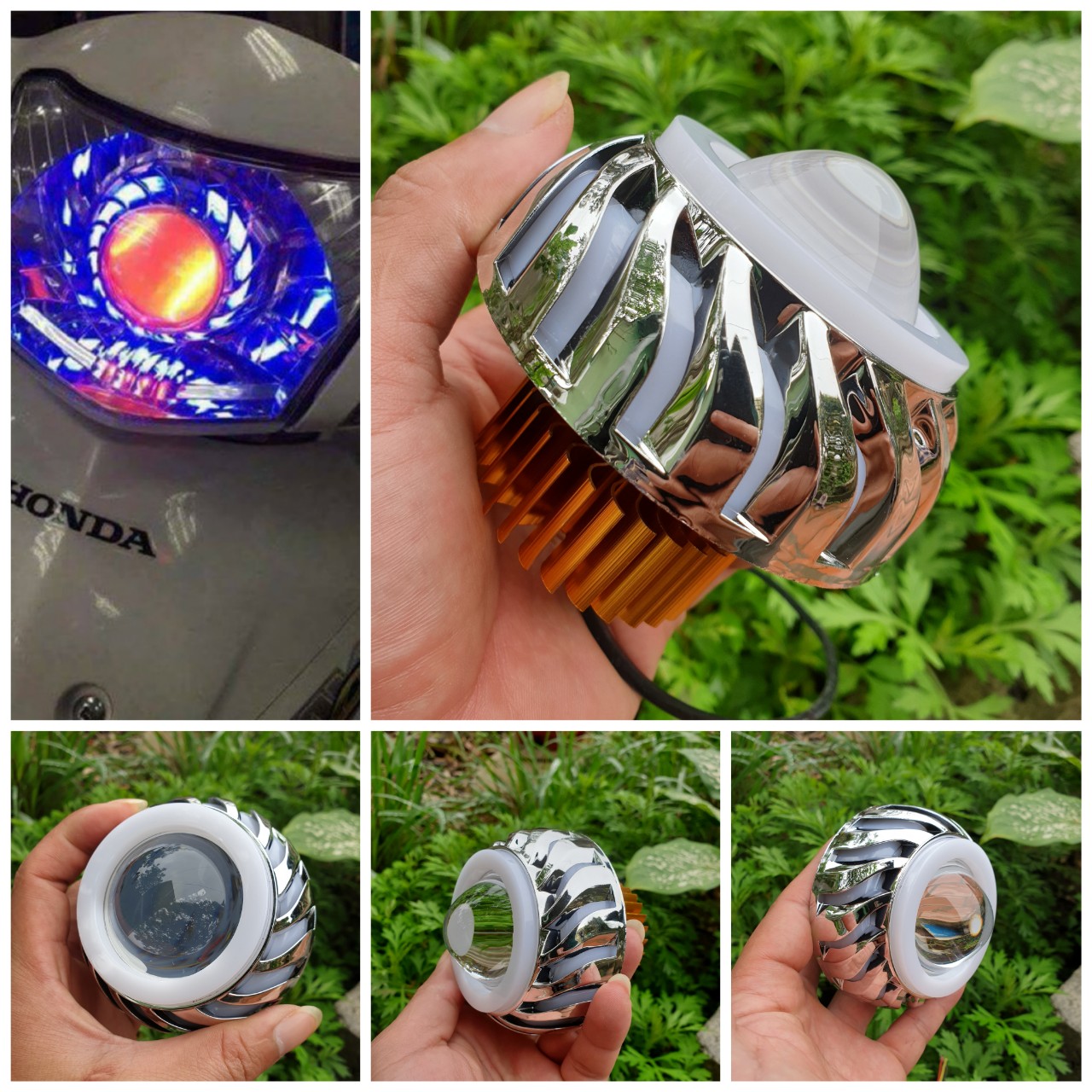 Đèn pha xe máy hiệu ứng lốc xoáy viền led cực đẹp độ lắp các loại xe