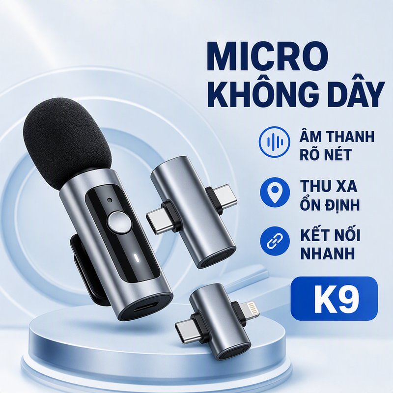 micro cài áo không dây mic thu âm K9 lọc ồn bắt âm xa kẹp áo thu gọn sạc pin dùng livestream quay video điện thoại