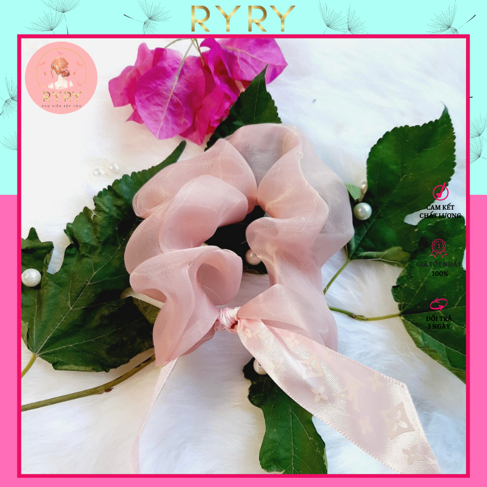 Dây cột tóc vải scrunchies đính nơ xinh xắn