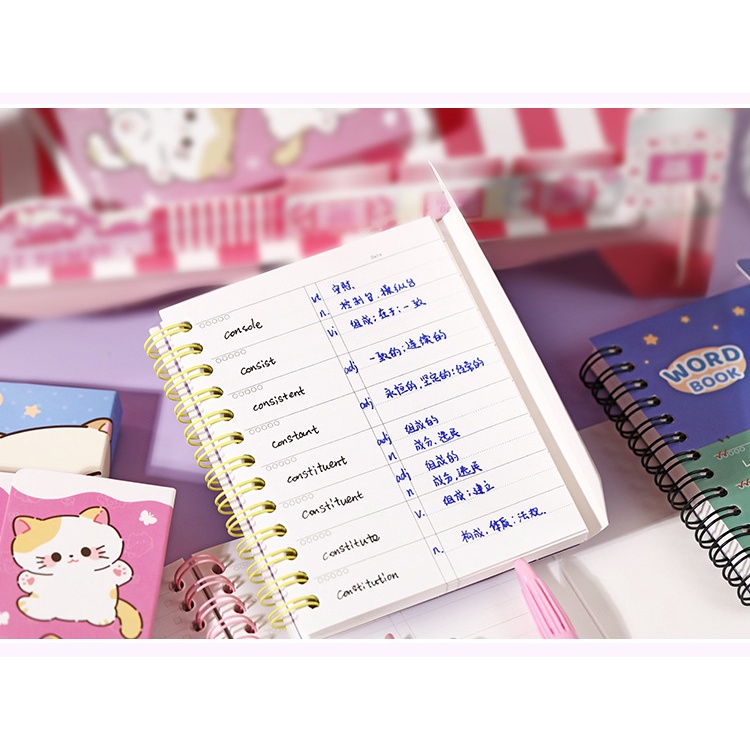 Cdaily|Cute Cat Small Notebook Mini Word Notebook Student English Word Memory Book Coil Small Notebook Portable Notebook Pocket Notebook