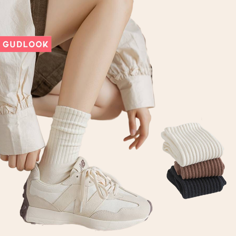 Set 5 Đôi Tất Cao Cổ Màu Basic GUDLOOK Gân Tăm Vintage