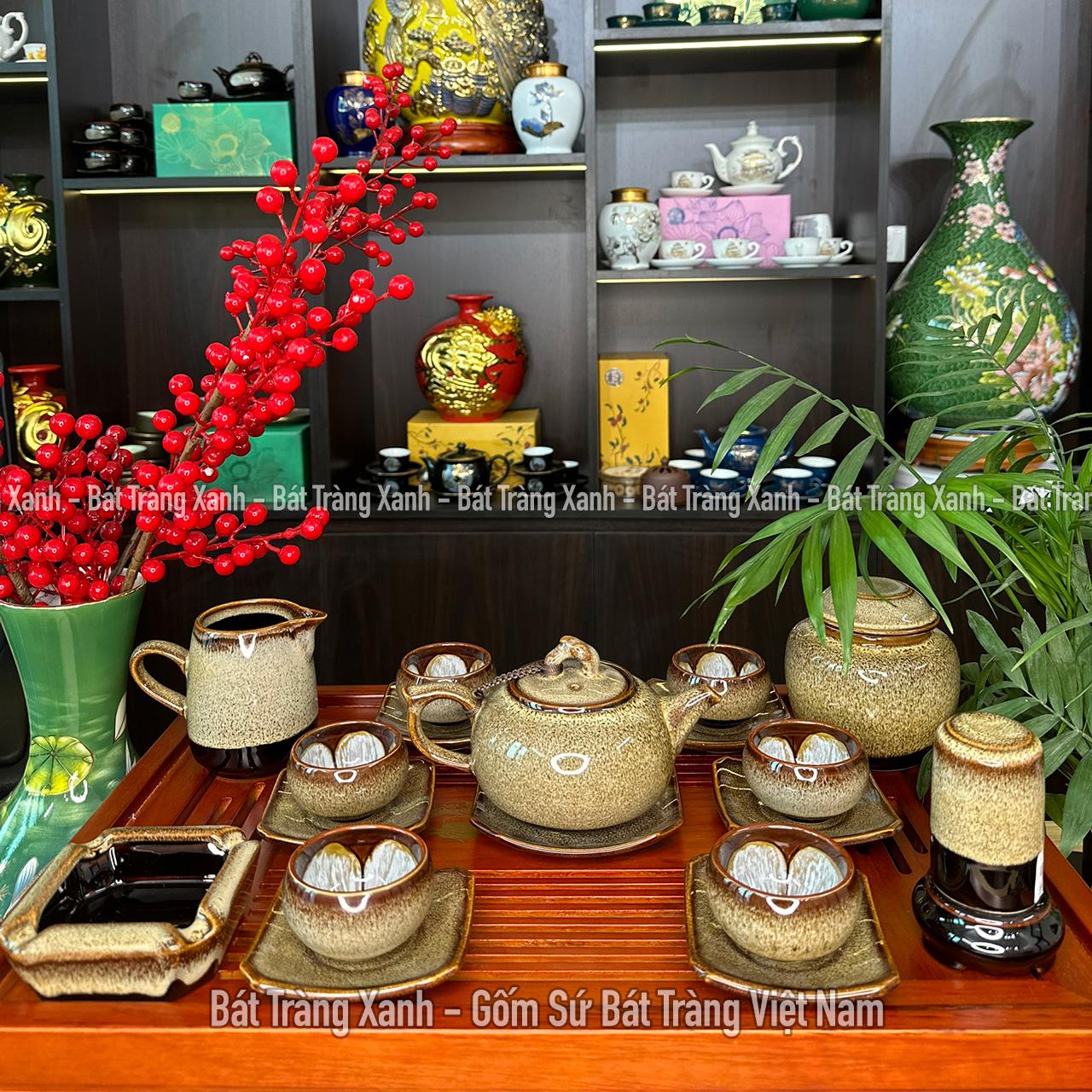 Bộ Ấm Chén Quả Hồng Cà Phê- Bộ Ấm Trà Men Hoả Biến Bát Tràng Cao Cấp