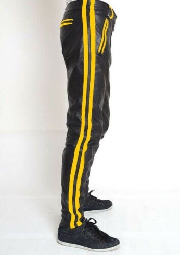 Men's cowhide leather pants color stripes bikers pants