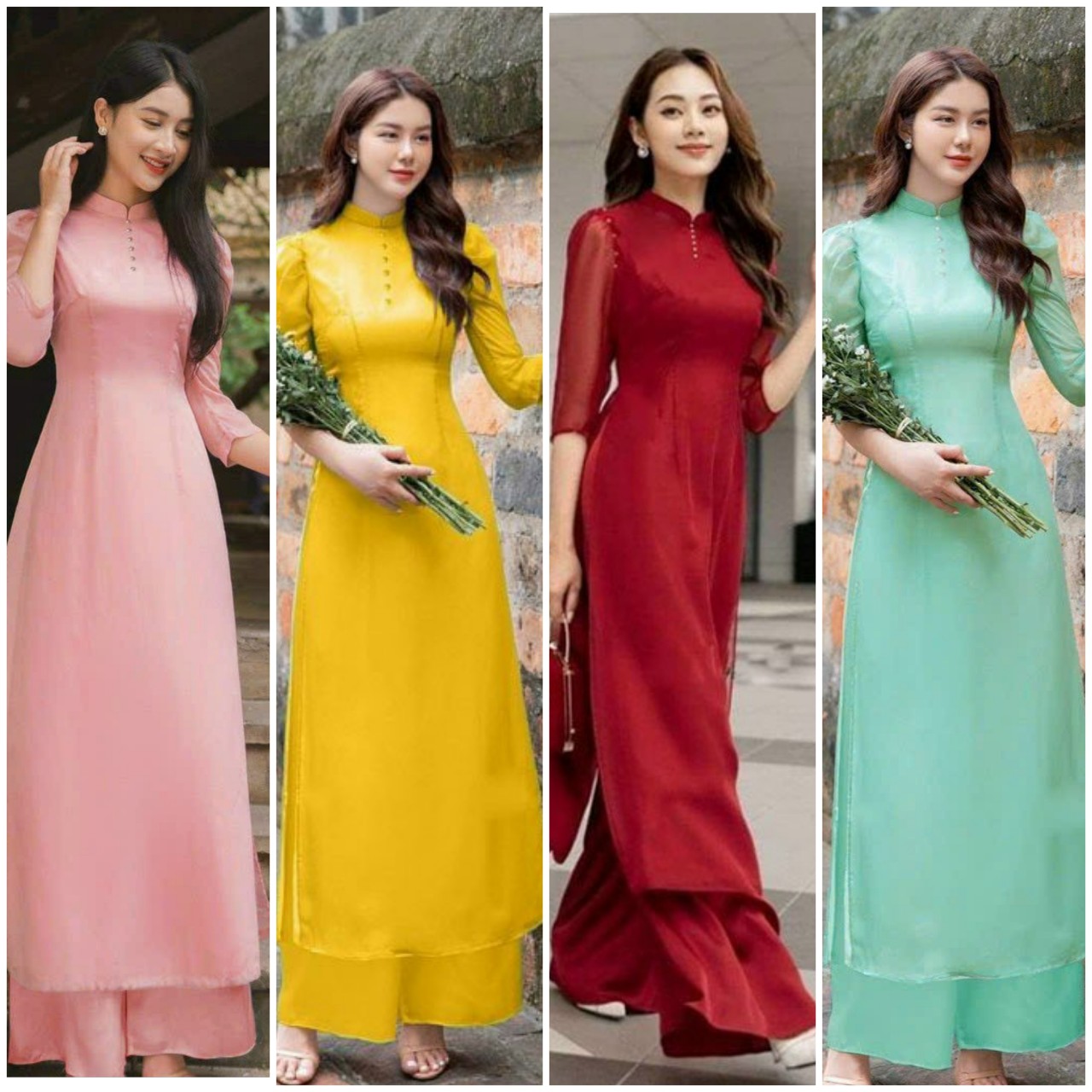 Set Bộ Áo Dài Lụa 4 Tà Nàng Thơ Cao Cấp Phối Nút Bọc Có Size To BY2131