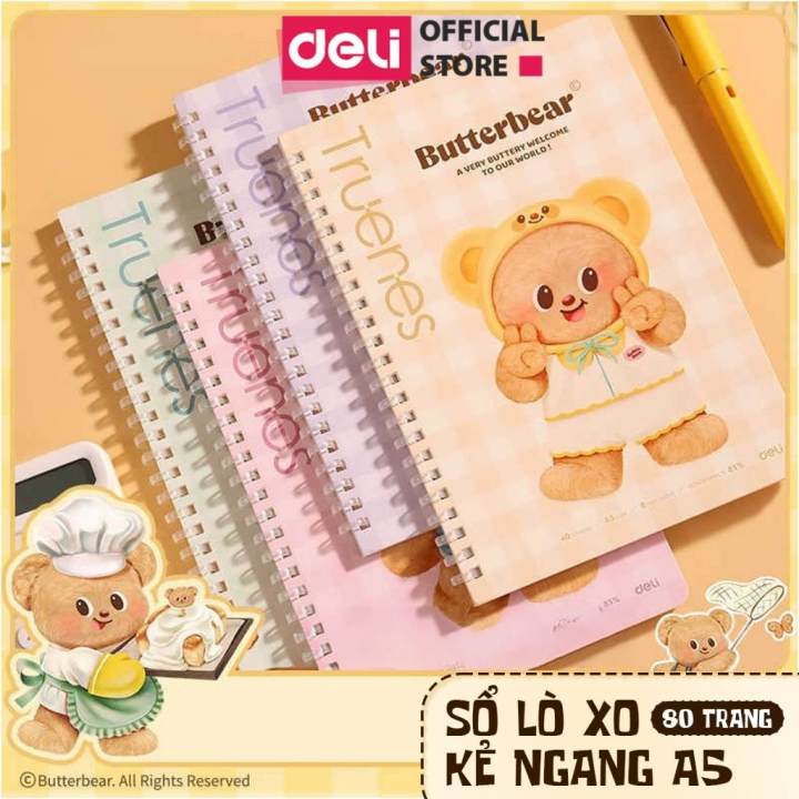 Sổ Lò Xo Deli BUTTER BEAR A5 80 Trang Giấy Kẻ Ngang Chống Lóa Deli - Sổ Tay Ghi Chép Gáy Xoắn Sổ Vở Học Sinh Takenote - Hình ảnh 2