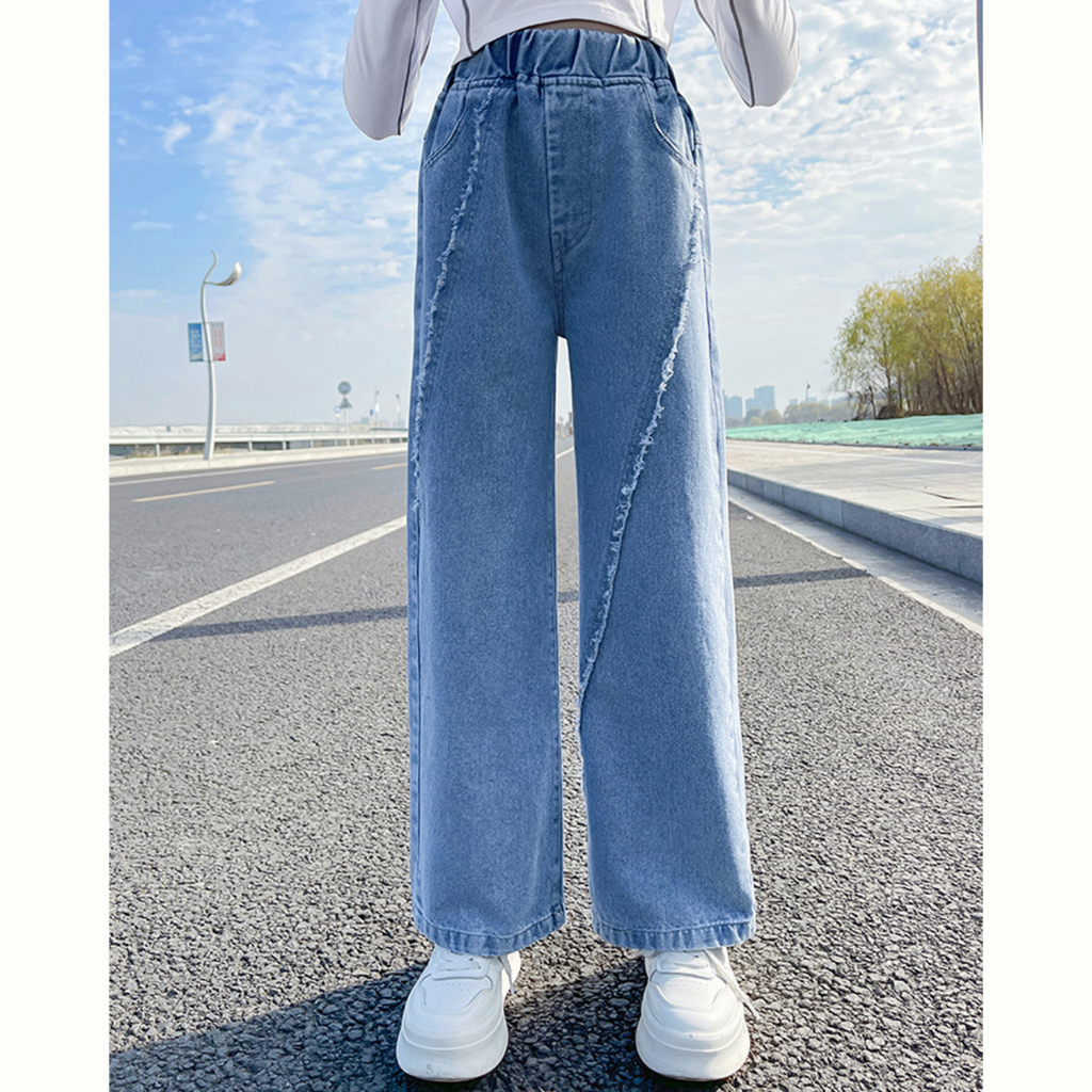 Lolanta Girls Jeans Denim Elastic Waist Wide Leg Baggy Pants Kids Clothes  For Girl Fashion Straight Trousers Overalls Wear vx