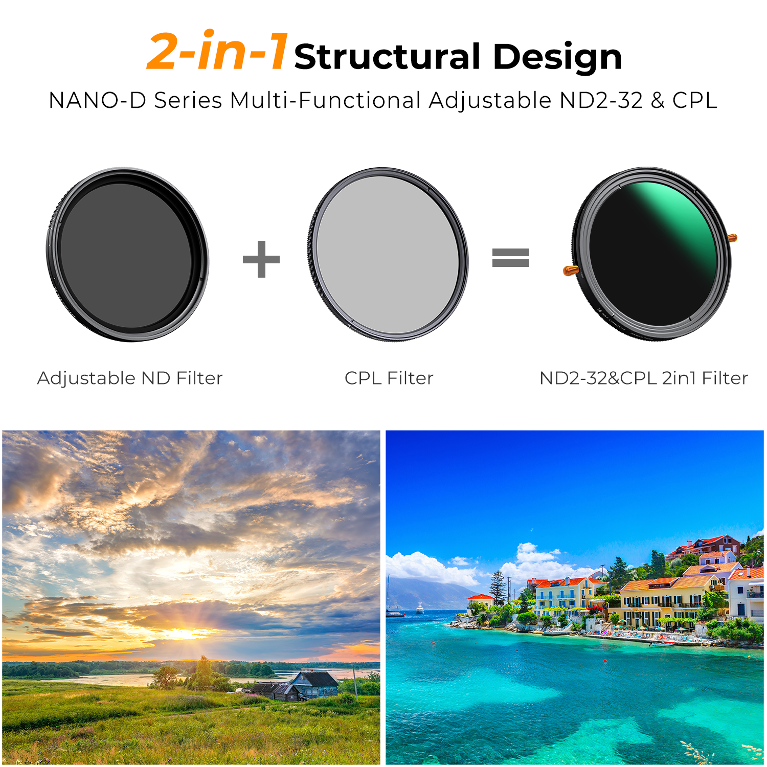 K&F Concept 49mm-82mm ND & CPL 2 in 1 Lens Filter, ND2-ND32 (1-5 Stop) Variable Neutral Density and Polarizer for Camera Lens Nano-D Series