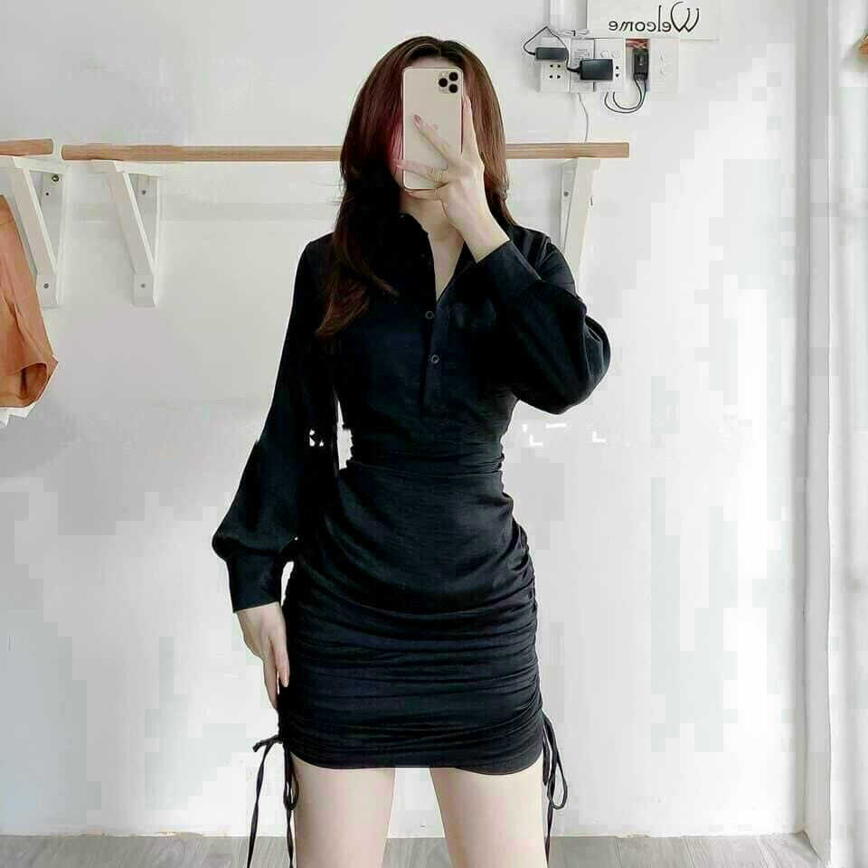 Đầm Nhúm Sơ Mi Nút Cài