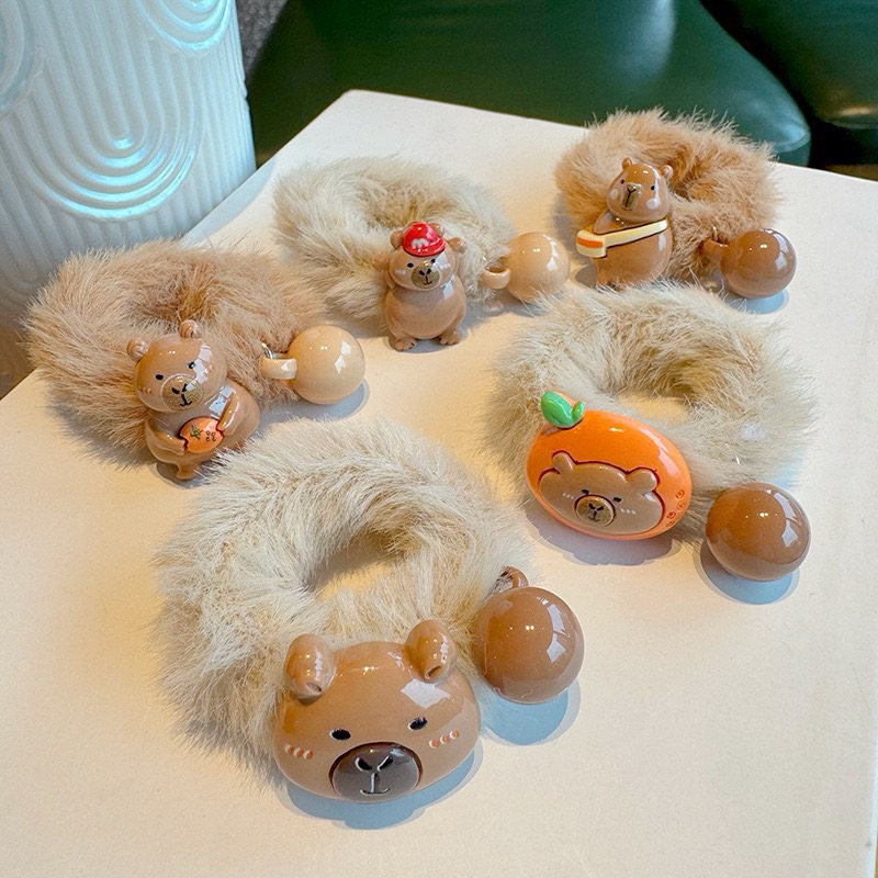 Chun Cột Tóc, Dây Buộc Tóc Bông Charm Capybara Tone Nâu Cute
