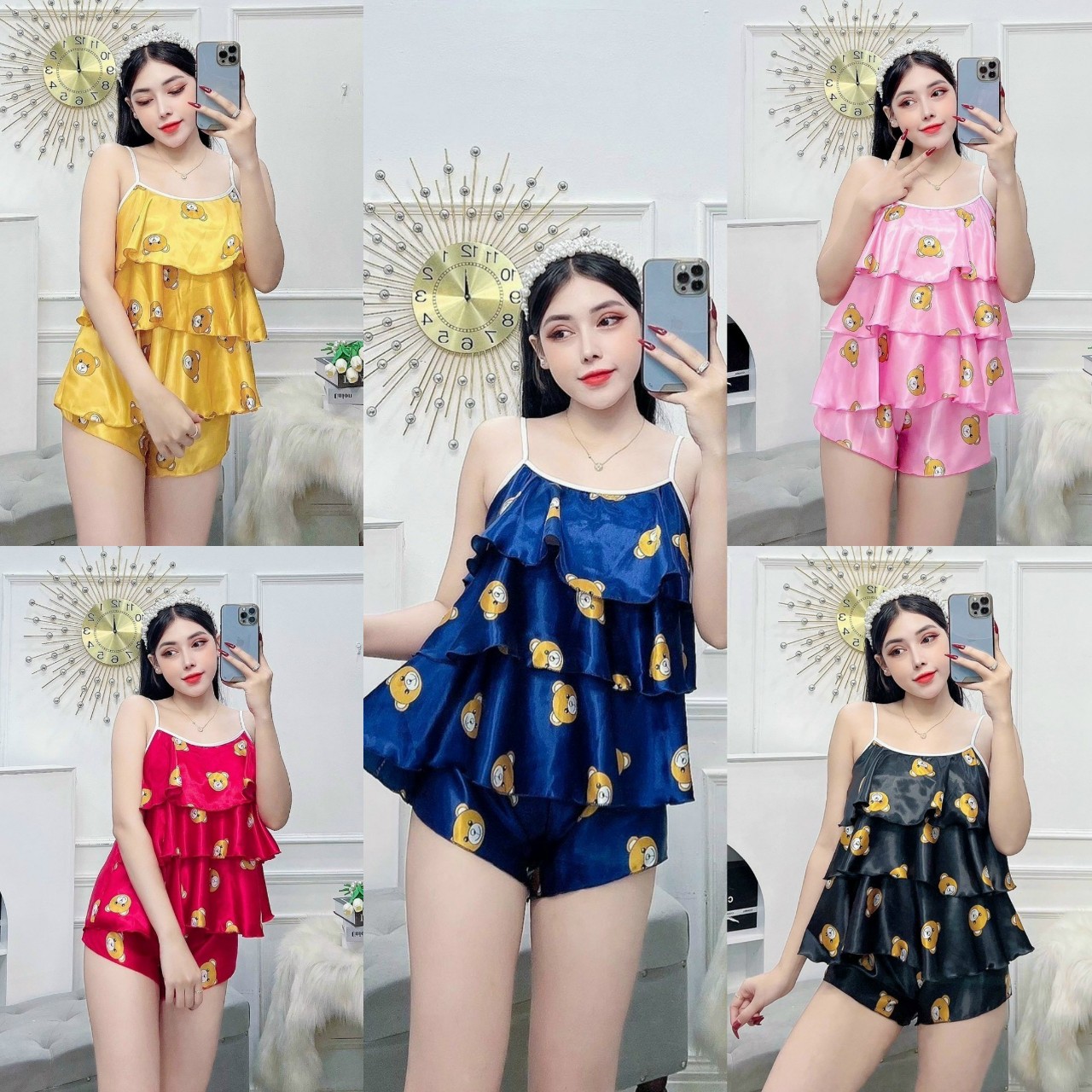 [HCM] Bộ đồ ngắn 3 tầng phi lụa mềm mại freesize dưới 57kg