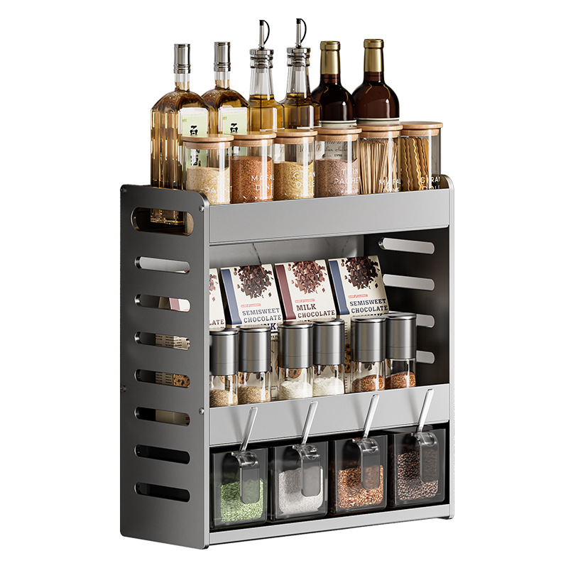 Kitchen shelves, non-perforated, multi-layer countertops, wall-mounted condiment bottles and jars, save space,spice storage boxes, hanging shelves