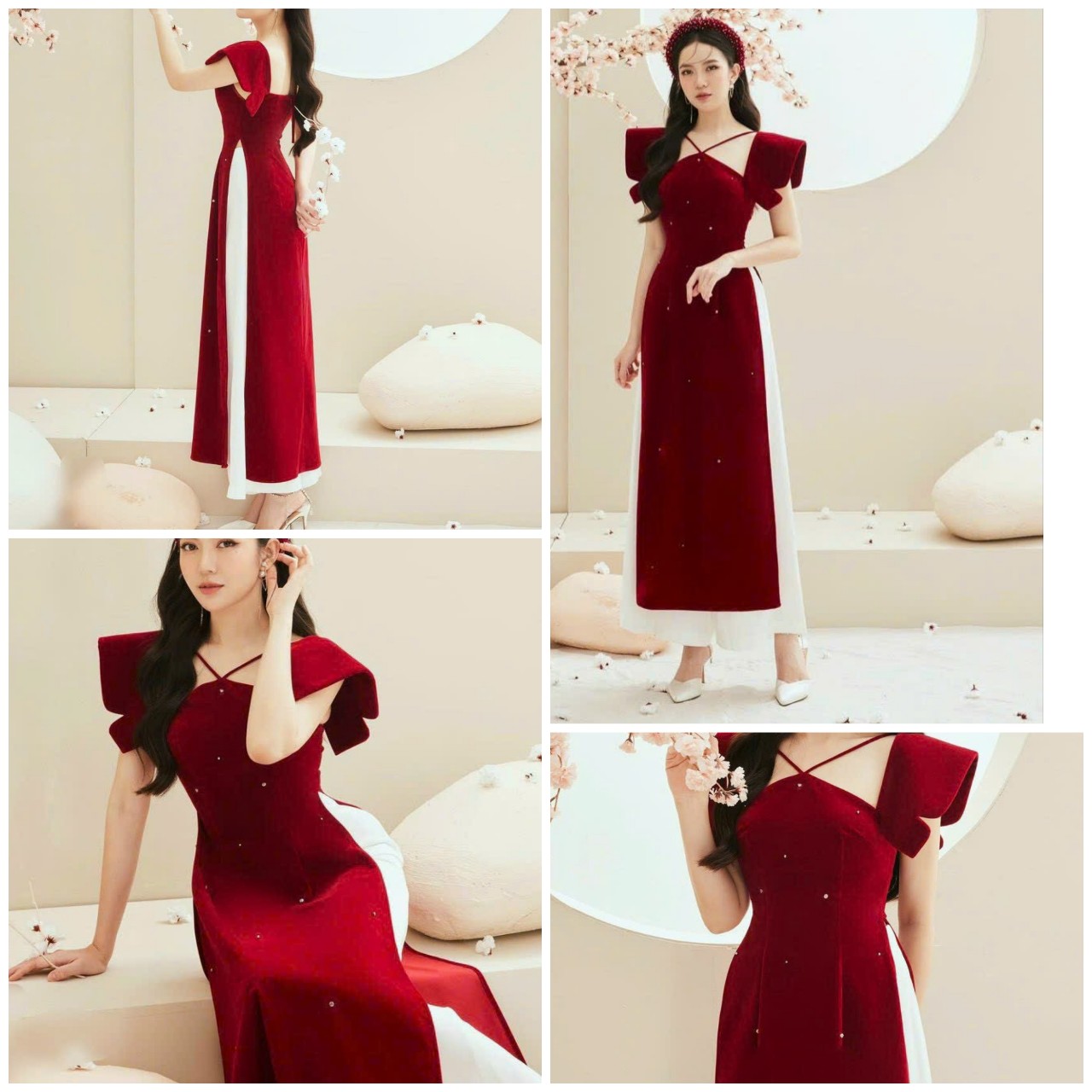 Set bộ áo dài đỏ cổ yếm tay xếp ly đính cườm trẻ trung by2144