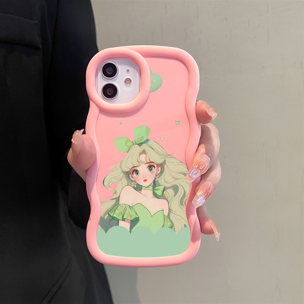Jizetin for Realme C11 C15 C21Y C25Y C20A C2 C3 Realme 2 5i 5S 6i 9i 11 12 Pro+ OPPO A1K F9 Pro Back Cover Green Fairy Princess Pattern Macaron Bright Color Wavy Shape Soft Mobile Phone Cases.