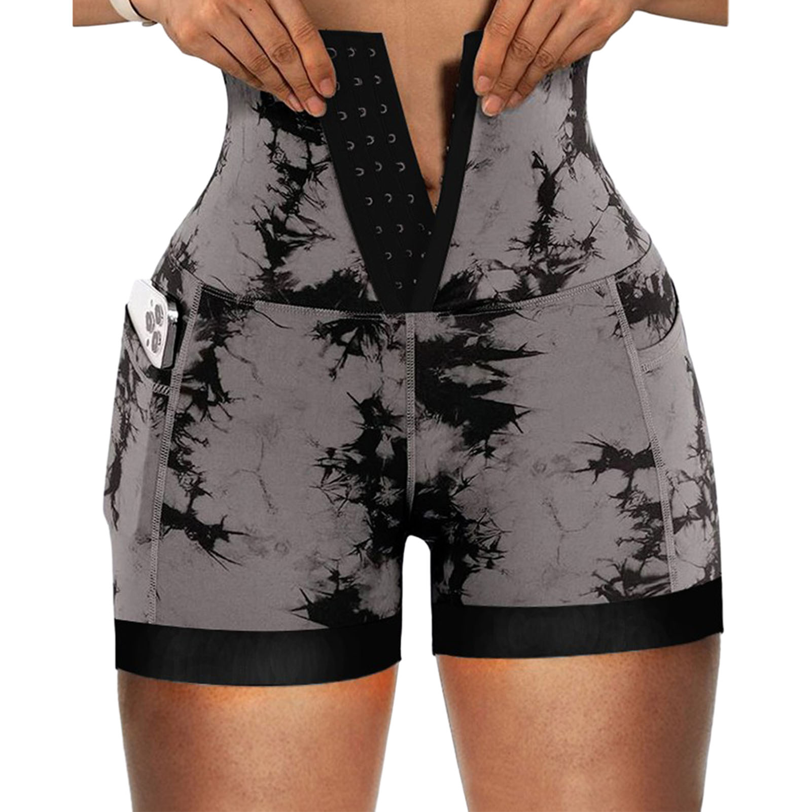 Shemi Women Shorts High Waist Tummy Control Butt-lifted Tie-dye Pockets Front Closure Elastic Compression Slim Fit Yoga Shorts