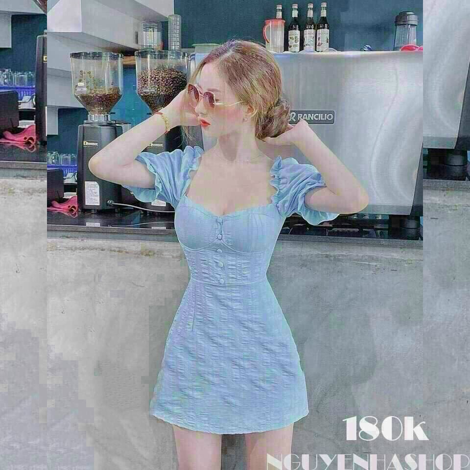 Đầm nữ tay phồng đính nút ( có mút ngực )