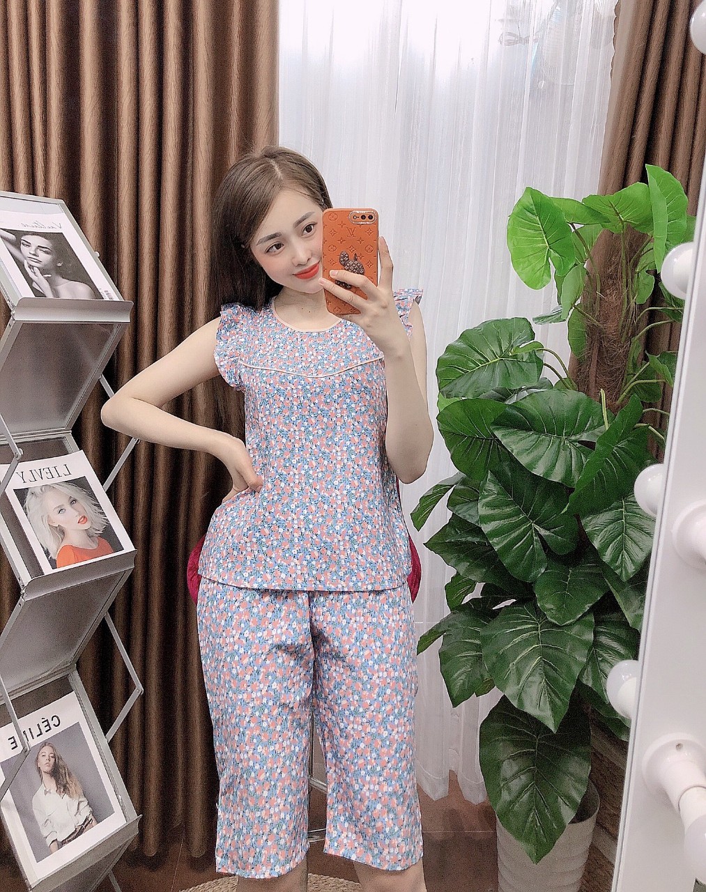 Set thời trang lụa hoa mai mặc nhà