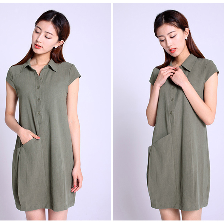 Đầm suông công sở chất đũi cổ sơ mi phối túi chéo