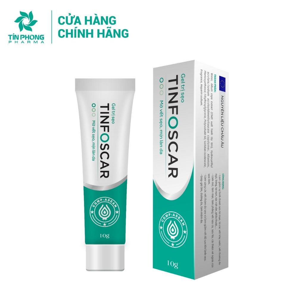 Gel mờ sẹo tinfoscar giúp giảm sự hình thành sẹo, làm mịn, cung cấp độ ẩm và đều màu da tuýp 10g