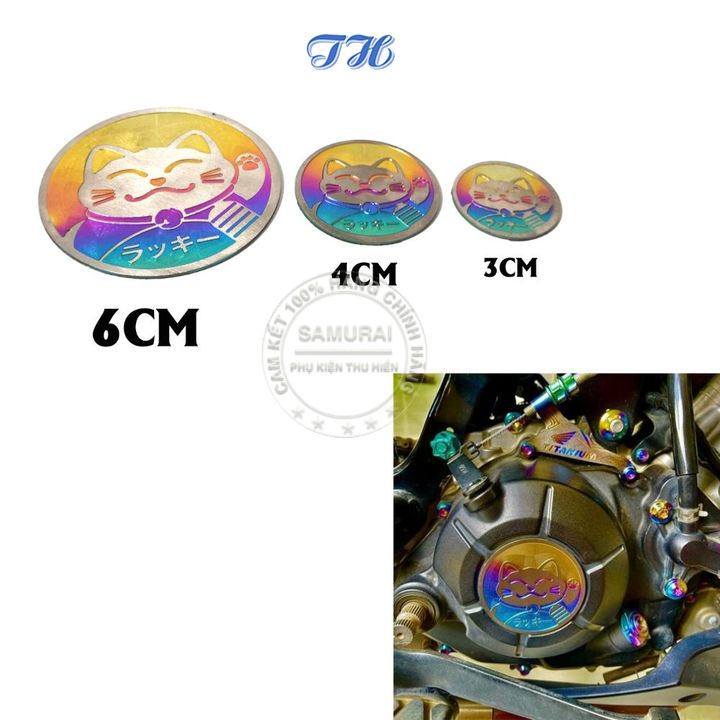Tem titanium logo mèo thần tài đường kính 6cm, 4m 3cm hình tròn có sẵn keo dán