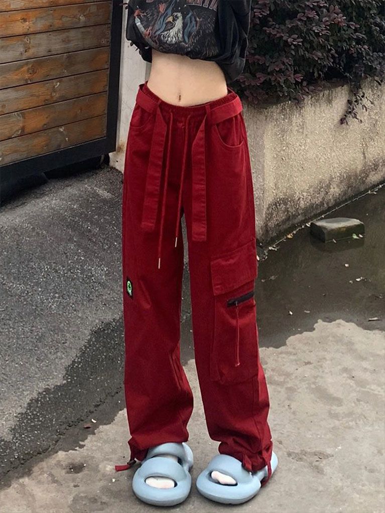 y2k Red Cargo pants for women Korean style high waist loose casual street  sports wide leg pants