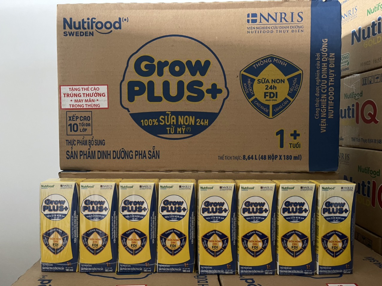 Thùng 48 Hộp Sữa Bột Pha Sẵn Nutifood GrowPLUS+ Sữa Non (Vàng) 180ml