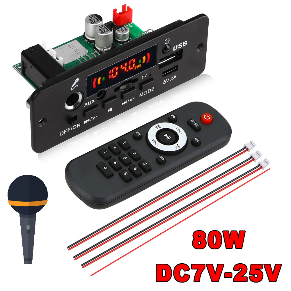 Dc 12V bảng Mạch Giải Mã MP3 80W khuếch đại 6.5mm Microphone Bluetooth 5.0 xe MP3 máy nghe nhạc FM Đài phát thanh TF AUX USB Mô-đun ghi âm rảnh tay